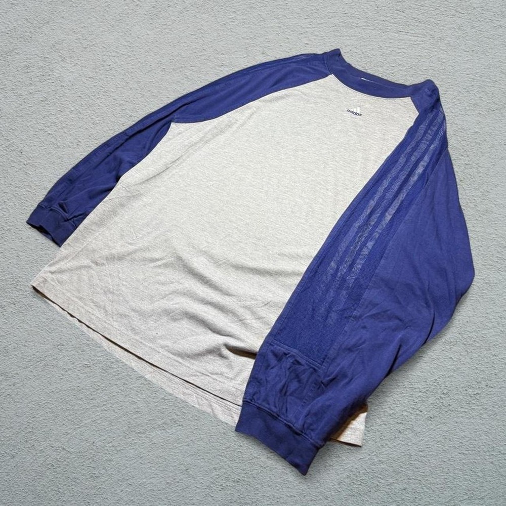 Adidas Mens Long Sleeve Three Stripe Raglan Athletic Shirt Gray Blue XL